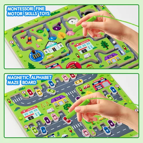 Miniatura 5 de rifamee Laberinto magnético 2 en 1 de color y números con imán de alfabeto y conteo, tablero de doble cara, rompecabezas de madera, habilidades