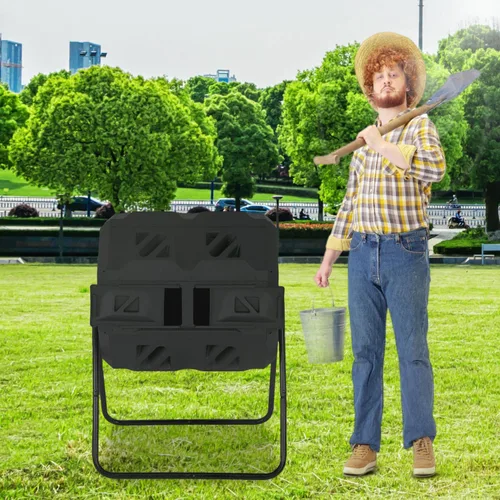 Miniatura 5 de Contenedor de compostaje para exteriores, doble cámara, capacidad de 43 galones, sin BPA, giratorio por lotes, con puertas correderas, compostador