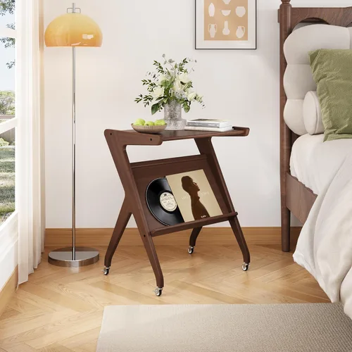 Miniatura 15 de ZIYOO Mesa auxiliar móvil de madera maciza de 3 niveles con ruedas, mesita de noche de madera, organizador de almacenamiento de diseño flotante