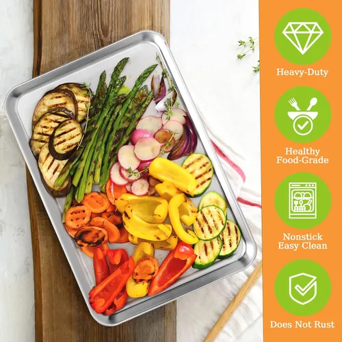 Miniatura 5 de CEKEE Juego de 4 Bandejas para Hornear de Acero Inoxidable, Gran Bandeja para Hornear y Galletas y Bandeja para Horno, Media Bandeja, Tamaño 18 x 13