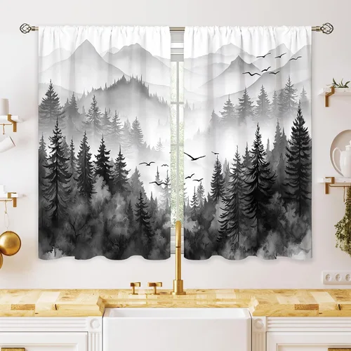 Miniatura 16 de Cortinas de cocina pequeñas de montaña abstracta verde azulado, tratamiento de ventana de montaña, naturaleza, puesta de sol, paisaje, cafetería