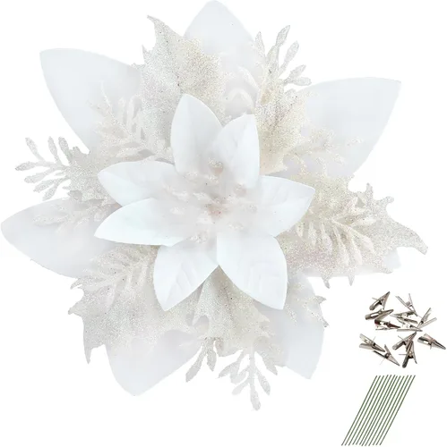 Miniatura 20 de GREENTIME 12 flores de pascua artificiales con purpurina de 5.5 pulgadas, tallos de Navidad, adornos para árbol de Navidad para fiesta de Año Nuevo