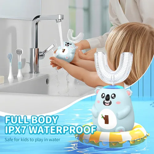 Miniatura 7 de Cepillo de dientes eléctrico en forma de U para niños, limpieza sónica automática de 360°, 6 modos, 4 cabezales de cepillo, bonito diseño de koala