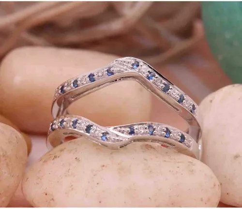 Miniatura 5 de Anillo doble de oro redondo de oro de 14 quilates con zafiro azul y diamante blanco para mujer