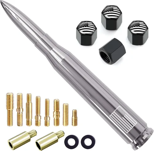 Miniatura 15 de Antena de camión para automóvil con tapas de válvula de neumáticos, bandera estadounidense, repuesto corto universal para GMC Sierra, Chevy, Negro