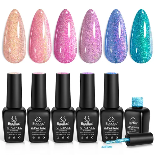 Miniatura 17 de Beetles - Juego de esmaltes de uñas de gel Jelly de 6 colores, tonos nude, rosa, marrón, con brillo y efecto de glitter, kit de esmaltes de gel