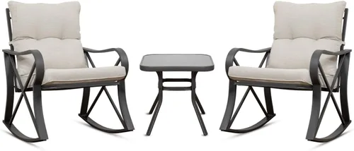 Miniatura 8 de COSIEST Juego de 3 sillas mecedoras para exteriores, muebles de patio de ratán con cojines gruesos y cálidos beige y mesa auxiliar de almacenamiento