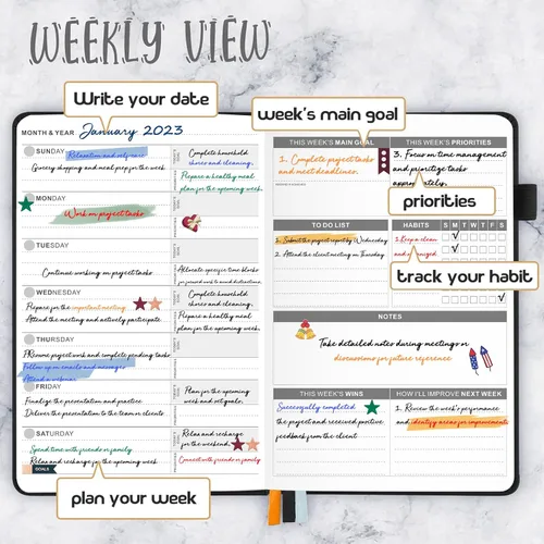 Miniatura 3 de JUBTIC Agenda semanal y mensual sin fecha, agenda diaria de productividad, calendario para lista de tareas, cuaderno de organización A5