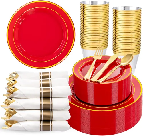 Miniatura 20 de 350 piezas de platos de plástico negro y dorado con cubiertos desechables, incluye 50 platos de cena de 9 pulgadas, 50 platos de postre de 6.3