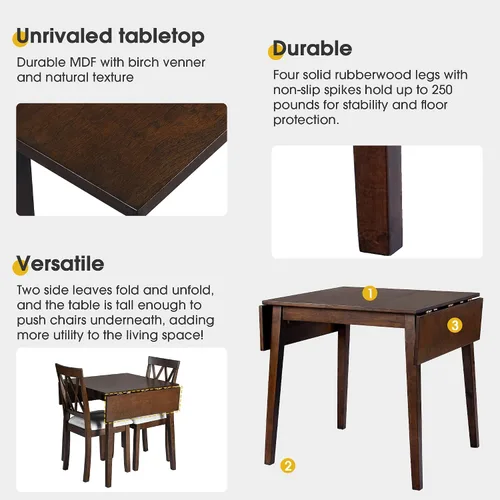 Miniatura 6 de P PURLOVE Juego de comedor de 3 piezas para cocina, juego de mesa de comedor de madera con mesa de comedor de hojas abatibles y 2 sillas tapizadas