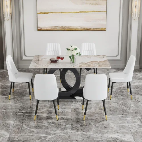 Miniatura 7 de Juego de mesa de comedor MUUOKY para 6, mesa de cocina y sillas para 6, superficie de mesa de piedra sinterizada con 6 sillas de comedor modernas