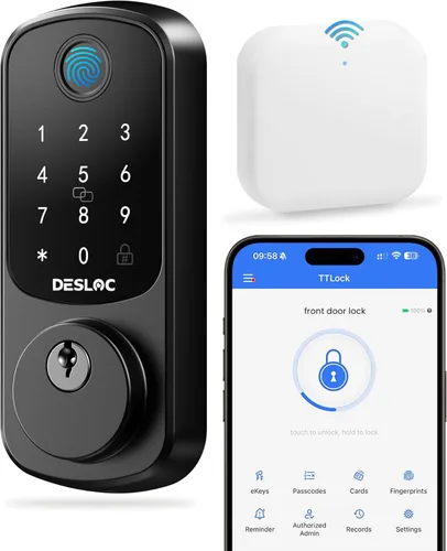 DESLOC Smart Lock B200 versión WiFi, cerradura de puerta de entrada sin llave de huellas dactilares, control remoto de aplicación, cerraduras Negro