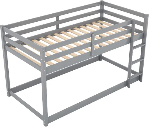 Miniatura 8 de Harper & Bright Designs Litera baja individual sobre individual, litera de madera individual para niños con escalera, marco de litera de suelo
