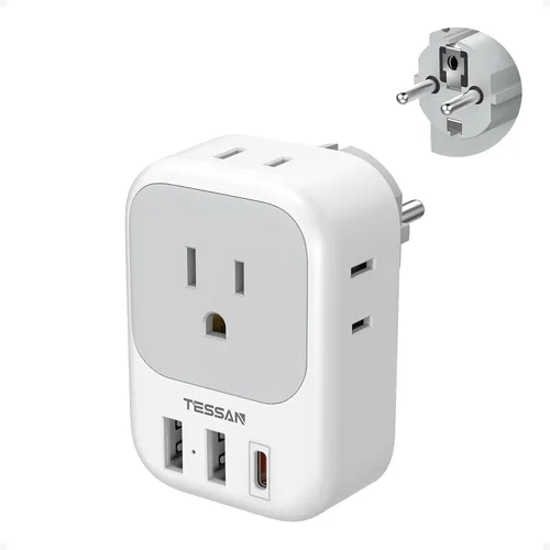 Miniatura 14 de Adaptador de enchufe de viaje europeo USB C, adaptador de enchufe internacional TESSAN con 4 salidas de CA, 3 puertos de carga USB, adaptador