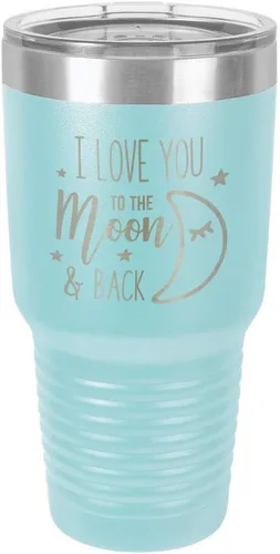 Miniatura 23 de Vaso azul de 30 onzas con popote y tapa superior deslizante con texto en inglés "I love you to the moon and back", taza de viaje de acero inoxidable