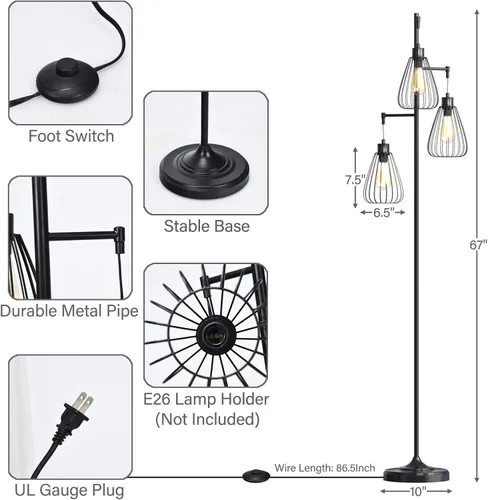 Miniatura 5 de Tangkula - Lámpara rústica de árbol de 3 cabezas, lámpara de pie de metal de 67 pulgadas con 3 pantallas colgantes, iluminación de jaula para sala