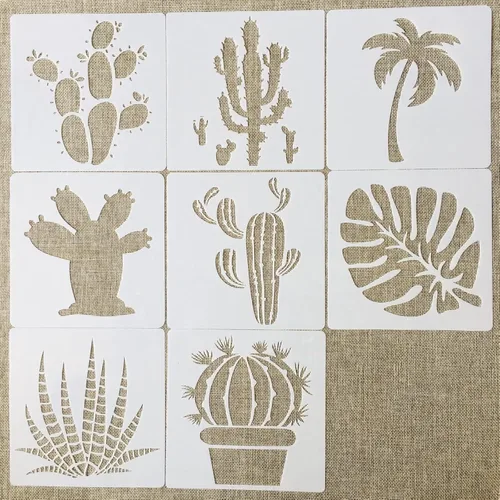 Miniatura 2 de TIAMECH 8 plantillas reutilizables de cactus para pintar, plantas suculentas y plantillas de capas de palmeras, arte de pared de bricolaje, muebles