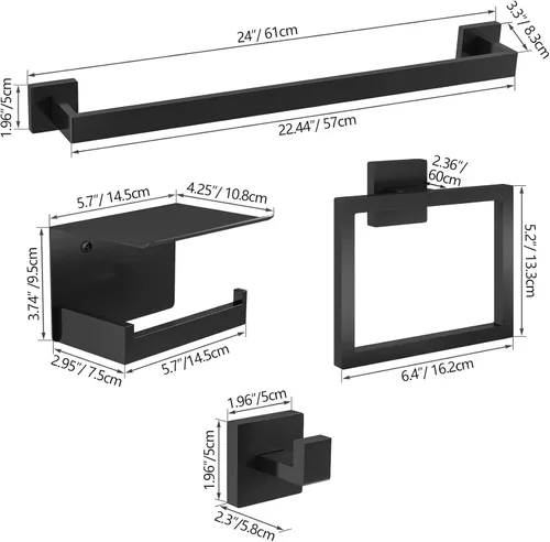 Miniatura 6 de STWWO Juego de 20 piezas de accesorios de baño negro mate, juego de toallas de baño de 24 pulgadas, toalleros de acero inoxidable para baño montado