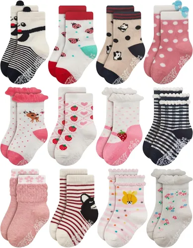 RATIVE Non Skid Anti Slip Cotton Dress Crew Socks With Grips For Baby Infant Toddler Kids Girls
