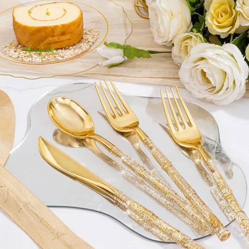 Miniatura 6 de Liacere 150 platos de plástico dorado transparente, cubiertos de plástico desechables con mango de bambú con purpurina, platos desechables barrocos