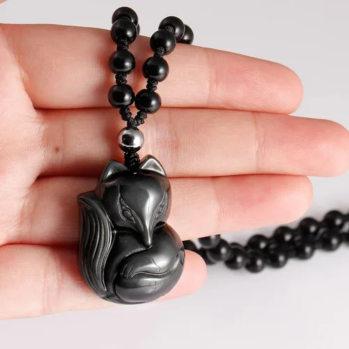 Miniatura 4 de Jewever Collar de obsidiana negra de zorro de la suerte, piedra natural, colgante de cristal curativo, amuleto de protección, joyería colgante