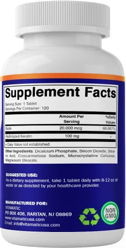 Miniatura 8 de Vitamatic Biotina de alta potencia de 20000 mcg (20 mg) con queratina 100 mg – 120 tabletas – Suplementos de biotina para un cabello, piel y uñas
