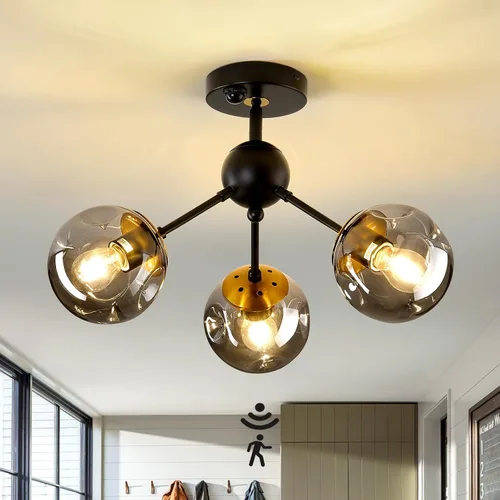 Miniatura 9 de Lámpara de techo de 1 bombilla de techo con forma de globo de cristal, moderna y semiempotrada de color negro para pasillo, porche, escalera