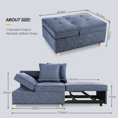 Miniatura 2 de SEJOV Sofá Cama Convertible 4 en 1 Sofás y Sillones, Sofá de 3 Asientos de Tela de Lino con 2 Almohadas Decorativas, Sillón Reclinable Individual