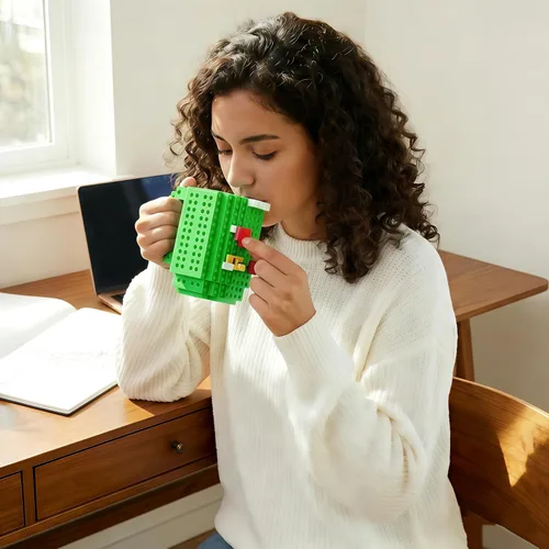 Miniatura 6 de Lumsburry Taza de café de ladrillo integrada, divertida taza de bricolaje con bloques de construcción creativa para niños, hombres y mujeres, Verde