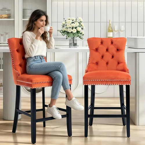 Miniatura 5 de SoarFlash Juego de 2 taburetes de bar tapizados de terciopelo moderno con patas de madera, botones acolchados, cabeza de clavo cromada, asiento