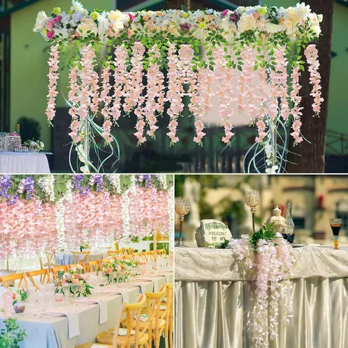 Miniatura 6 de Flores colgantes de glicinia, 12 paquetes de flores artificiales, vid de glicinia falsa de ratán, guirnalda colgante de seda, flores de cuerda
