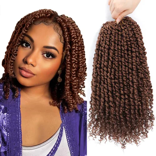 Miniatura 26 de 9 paquetes de cabello pretrenzado Passion Twist de 10 pulgadas, cabello de ganchillo Passion Twist con ombre marrón, trenzas de ganchillo bohemio