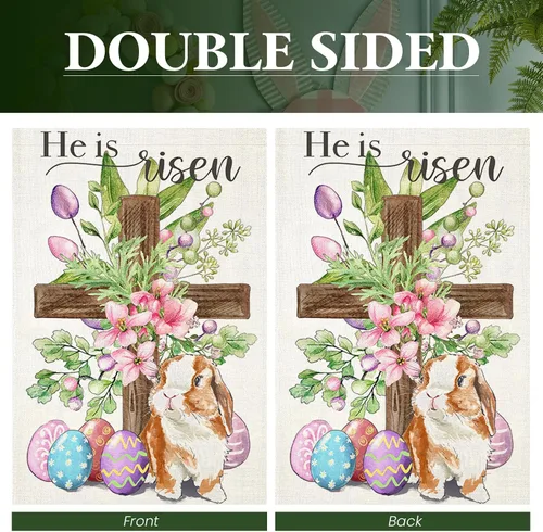 Miniatura 7 de Bandera de Pascua para exteriores, cruz religiosa con huevos de conejo, flores, banderas de patio para exteriores, bandera decorativa de primavera