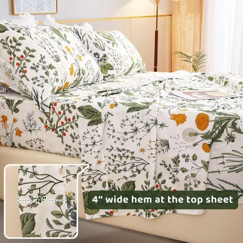 Miniatura 6 de QSH Sábanas 100% Algodón para Cama Tamaño Queen, Patrón Botánico de Plantas con Flores Amarillas, Sábanas de Cama Florales Impresas de Algodón