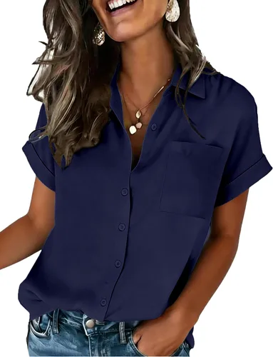 Miniatura 17 de Zeagoo Camisa de manga corta con botones para mujer, cuello en V, elegante, casual, para negocios, trabajo, con bolsillo, S-XXL