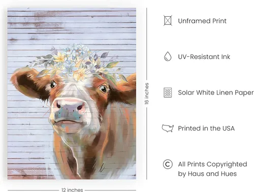Miniatura 2 de HAUS AND HUES Arte de pared de vaca rústica, estampado de animales de granja con flores (sin marco, 12 x 16)