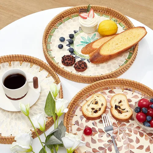 Miniatura 2 de Kmelep Bandeja redonda de ratán con incrustaciones de madreperla, bandeja de ratán con base de madera, cesta decorativa de mimbre para decoración