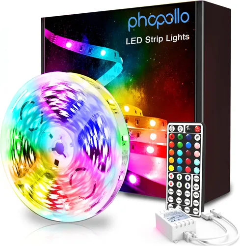 phopollo Tira de luces LED que cambian de color, 16.4 pies, flexible, 5050 RGB, kit de luces LED con fuente de alimentación y control remoto de 44