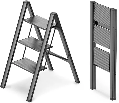 WOA WOA Escalera de 3 escalones, taburete plegable, escalera ligera para armario de cocina del hogar, pedales de aluminio antideslizantes, facilidad