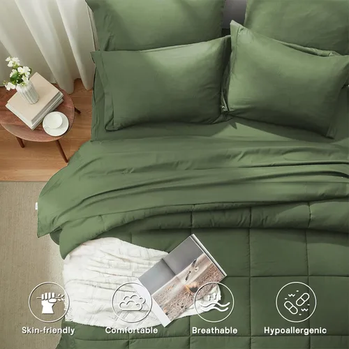 Miniatura 4 de Anluoer Juego de cama en una bolsa de 5 piezas tamaño individual, color verde oliva con sábanas, juegos de ropa de cama para todas las estaciones 05