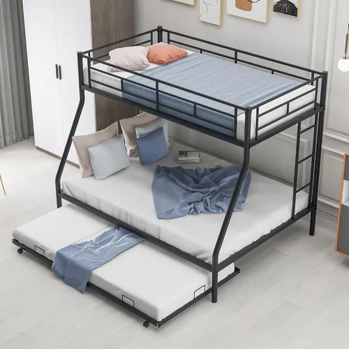 Miniatura 4 de Litera individual sobre cama matrimonial con nido, marco de cama de metal con escaleras de dos lados, no necesita caja de resortes, color negro