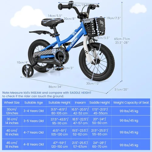 Miniatura 6 de COSTWAY Bicicleta para niños, 12, 14, 16, 18 pulgadas, para niños y niñas de 3 a 8 años, bicicleta para niños con ruedas de entrenamiento