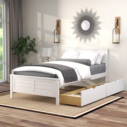 Miniatura 14 de GOFLAME - Base de cama tamaño individual con 2 cajones, base de plataforma con cabecera y estribo de madera maciza, listones de madera para soporte