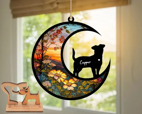 Miniatura 22 de LOVELYPOD Atrapasoles - Regalos conmemorativos de perro para amantes de los perros, una decoración de perro negro en la luna, colgantes de ventana
