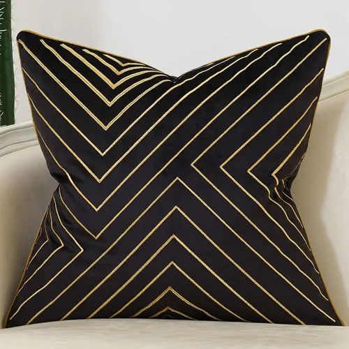 Avigers - Funda de cojín decorativa de terciopelo con rayas geométricas, 18 x 18 pulgadas (45 x 45 cm), diseño de líneas abstractas bordadas en Negro