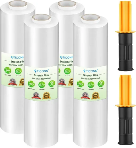 TICONN Paquete de 4 Rollos de Película Elástica, 1000 pies, Resistencia Industrial, 15 pulgadas de Ancho, Envoltura de Plástico Transparente con