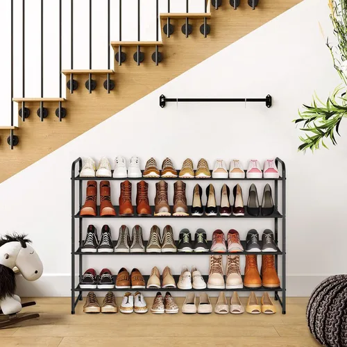 Miniatura 4 de KIMBORA Zapatero largo de 4 niveles para el piso del armario, estante ancho para zapatos, organizador de almacenamiento de 30 pares apilables, Negro
