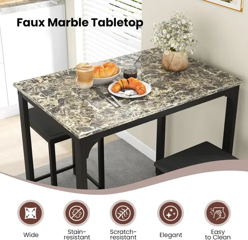 Miniatura 3 de GOFLAME Juego de mesa de comedor de 3 piezas para 2, juego de mesa y sillas de cocina a altura de mostrador con tablero de mármol falso, taburetes