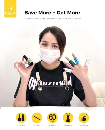 Miniatura 5 de BURANO Gel de pegamento para arte de uñas, 0.5 onzas líquidas, 2 botellas con 60 calcomanías de láminas, diseño de uñas, arte de transferencia