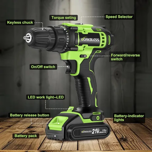 Miniatura 2 de WORKBLESS Juego de Taladro Eléctrico de 21V, Taladro Inalámbrico con Batería y Cargador, Portabrocas sin Llave de 3/8'', Velocidad Variable